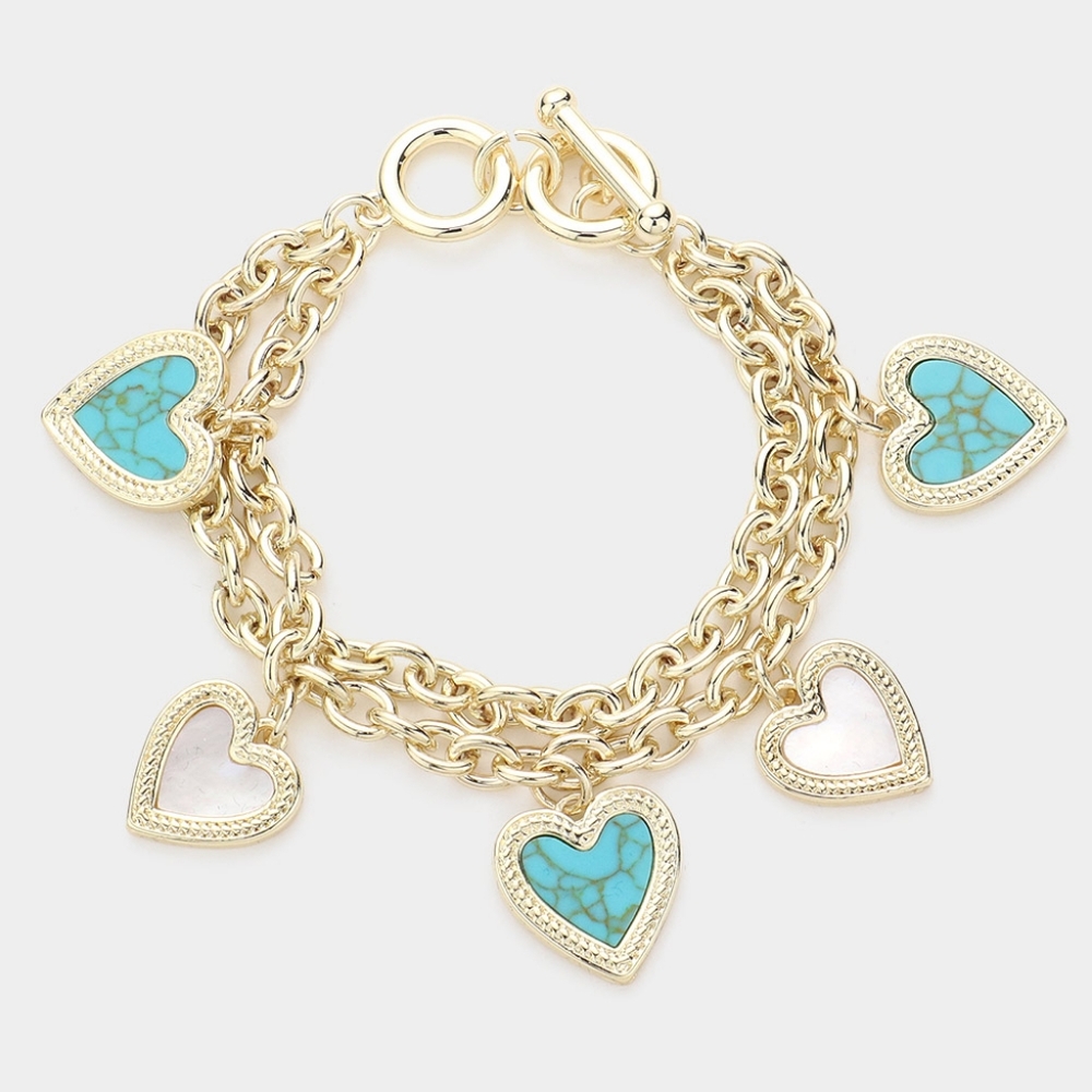 Gold Turquoise Heart Pearl Layered Chain Link Toggle Charm Bracelet Statement